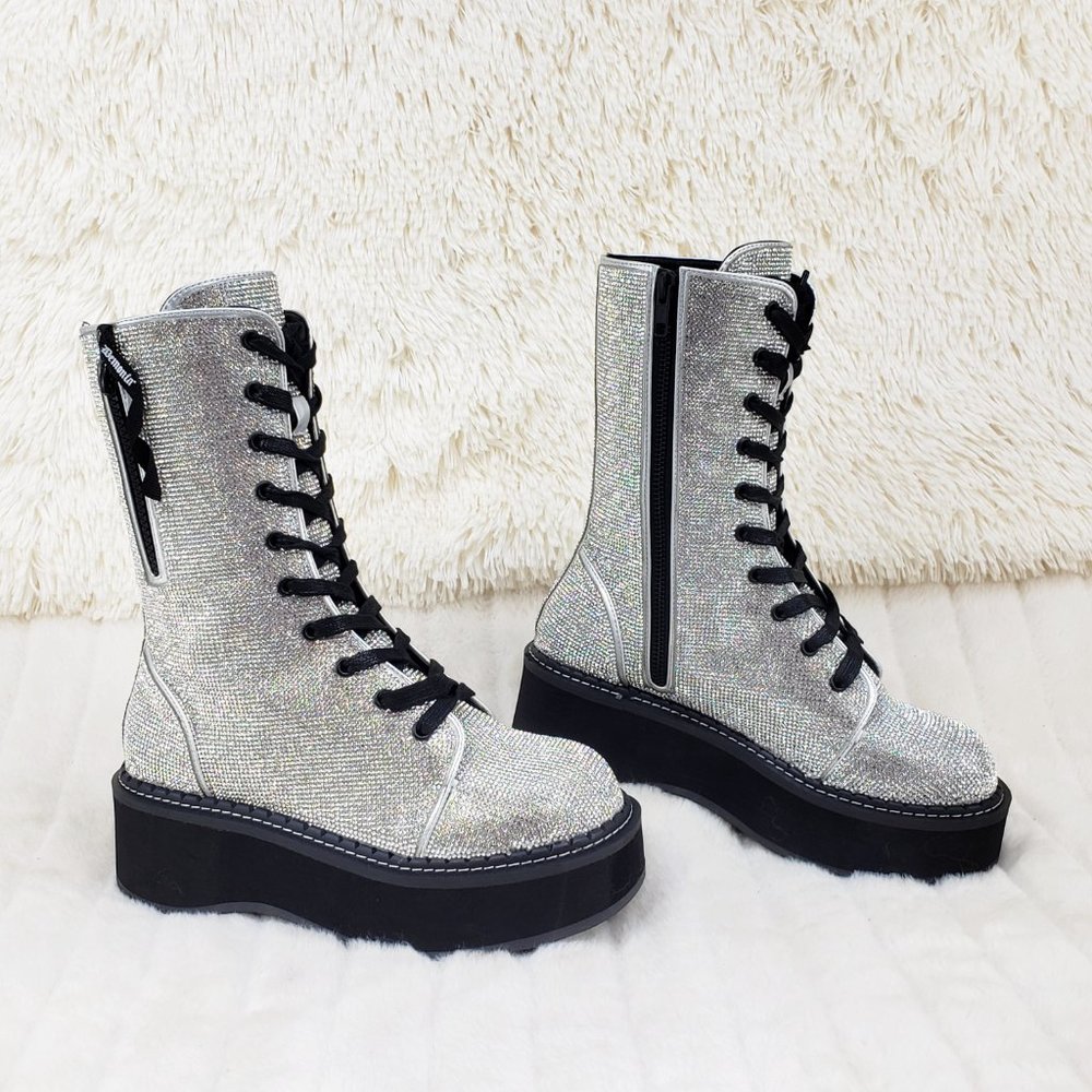 Super Sparkle Iridescent Rhinestone Platform Combat Mid Calf Boots 362 Emily - Picture 9 of 17